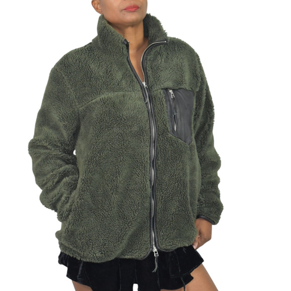 Anine Bing Ryder Faux Fur Jacket Green Olive Sherpa Teddy Plush Zip Front Small - Picture 8 of 16